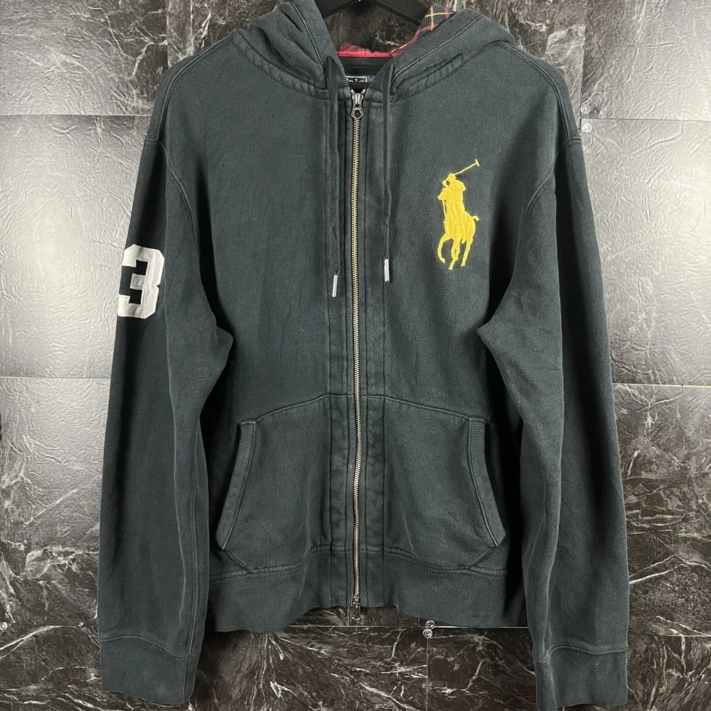 Polo Ralph Lauren Black Vtg Big Pony Plaid Zip Hoodie XL